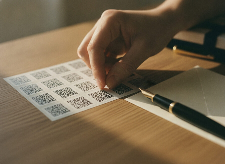 Un sticker QR de Emori impreso colocado sobre un regalo