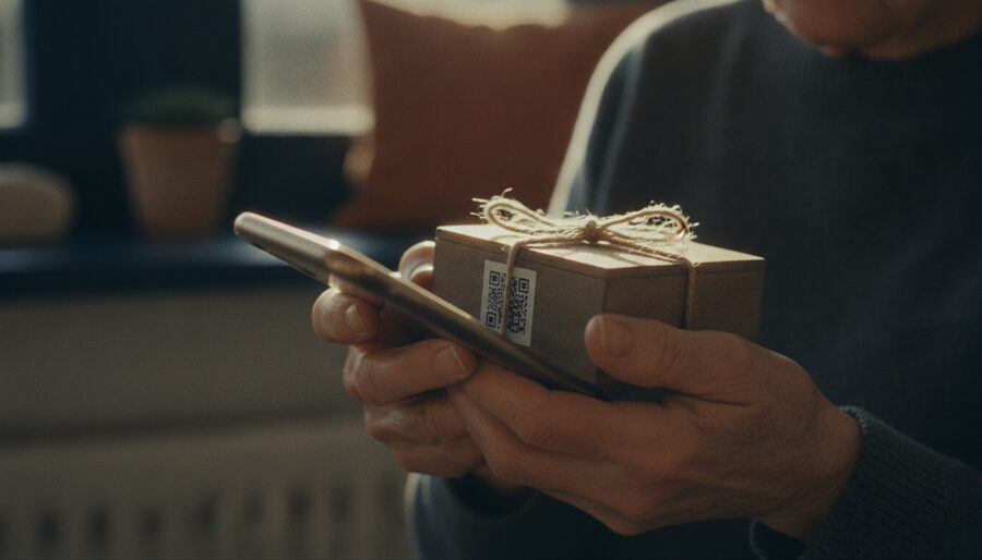 Manos de una abuela escaneando un sticker QR en una pequeña caja de regalo